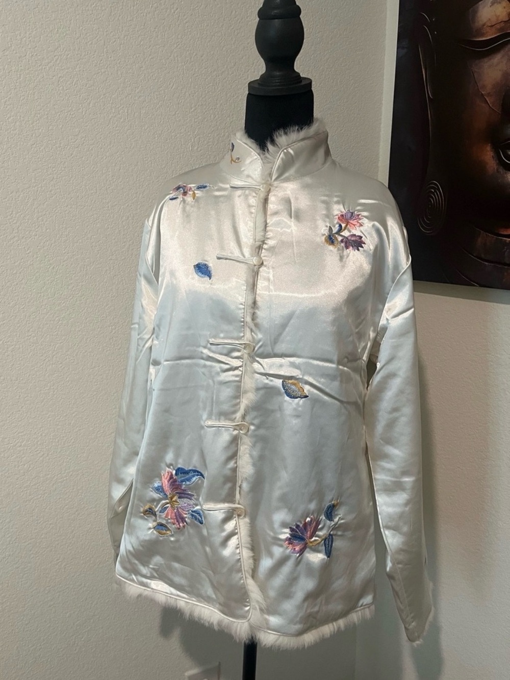 Silk-Feel Ivory Embroidered Mandarin Jacket